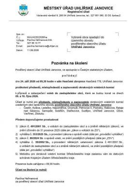 POZV&Aacute;NKA na &scaron;kolen&iacute; předsedů, m&iacute;stopředsedů a zapisovatelů okrskov&yacute;ch volebn&iacute;ch komis&iacute;