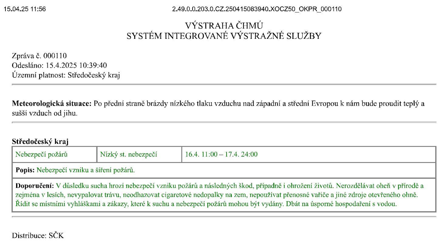 Výstraha ČHMÚ č. 110 na nízký stupeň nebezpečí vzniku požárů ze dne 15.4.2025