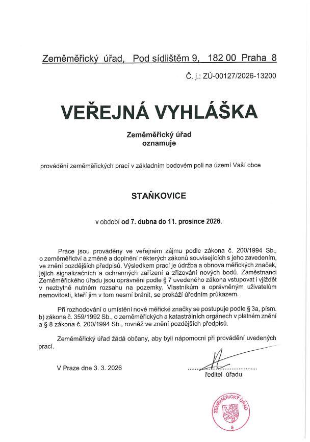 Obec Staňkovice - VEŘEJNÁ VYHLÁŠKA:  Zeměměměřický úřad MĚŘENÍ v obci - č.j. ZÚ-00127/2026-13200
