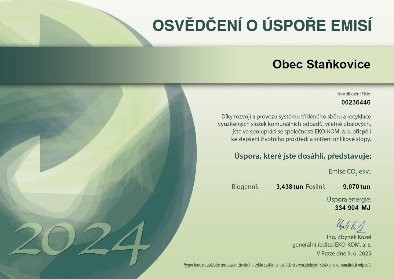 Obec Staňkovice - Osvědčení o úspoře emisí za rok 2024